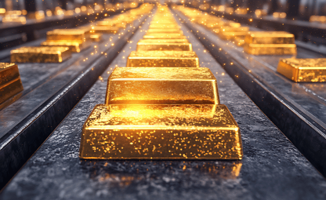 Gold bars production line with sparkling lighting