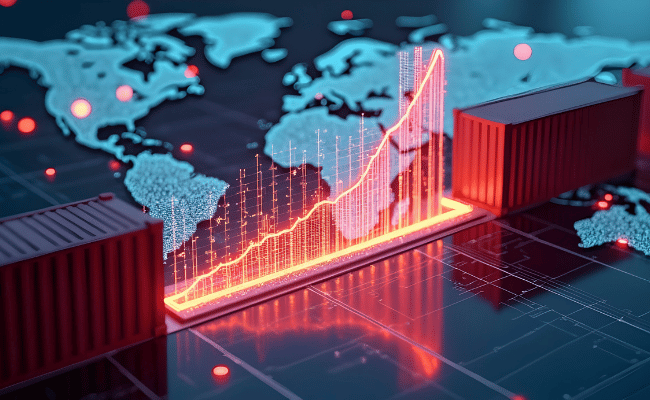 Rising global trade chart with containers and world map