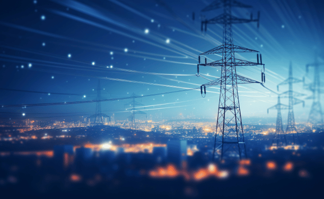 Power transmission lines with city lights and digital network overlay